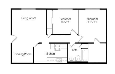 Floor plan for 2 beds, 1 bath, 820 sqft